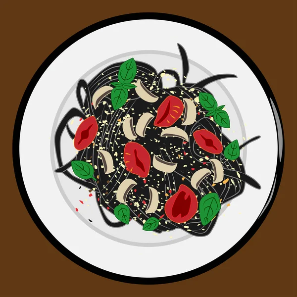 Black Pasta Mushrooms Tomatoes Basil Vector Illustration — Stock Vector