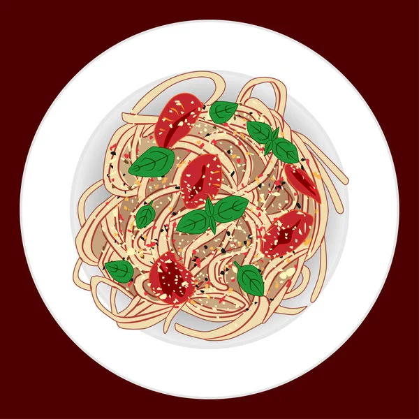 Makarna spagetti, domates ve fesleğen, vektör çizim ile