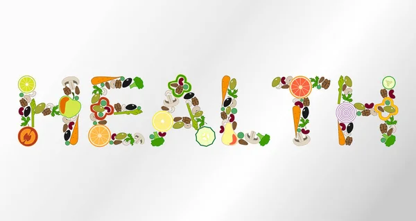 Letras Salud Verduras Frutas Ilustración Vectorial Fondo Blanco — Archivo Imágenes Vectoriales