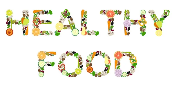 从蔬菜和水果中刻字 健康食品 矢量插图 白色背景 — 图库矢量图片