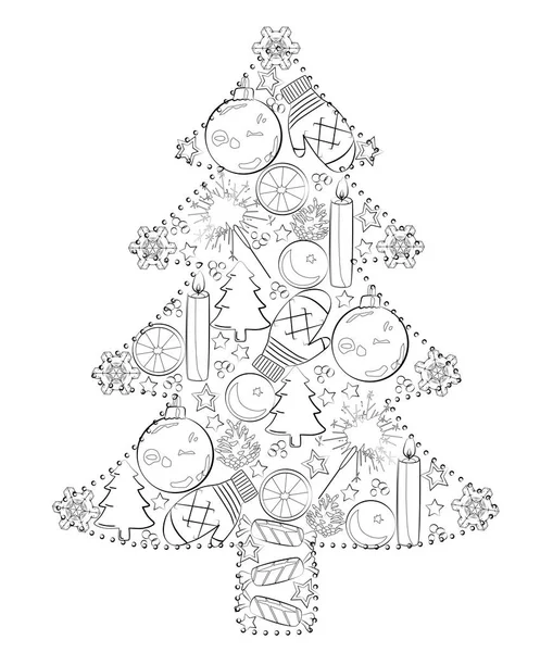 Weihnachtsbaum Aus Spielzeug Schwarz Weiß Vektorillustration — Stockvektor