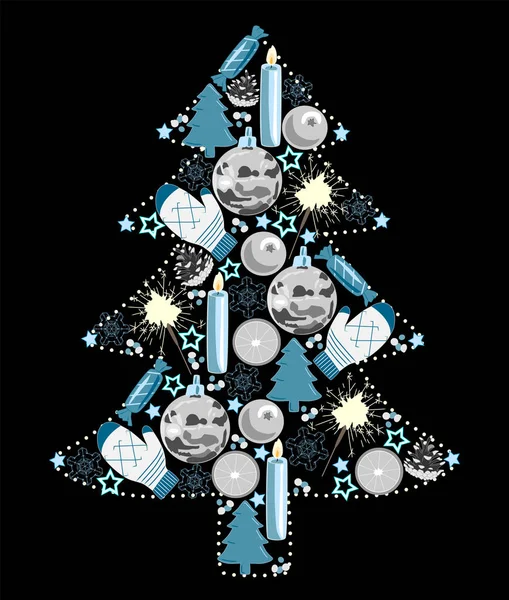 Arbre Noël Jouets Noir Bleu Blanc Illustration Vectorielle — Image vectorielle