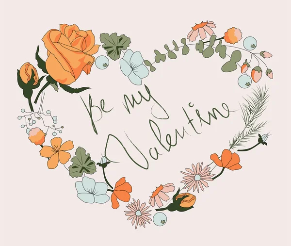 Blumenrahmen Mit Schriftzug Valentine Vektorillustration — Stockvektor