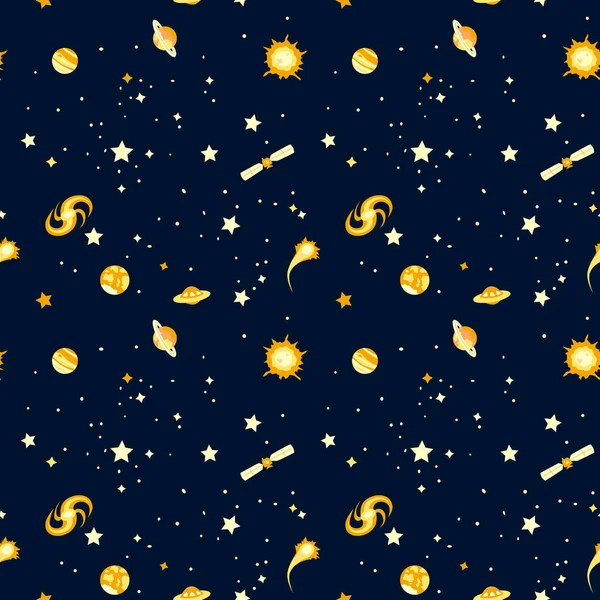 Seamless Pattern Space Stars Rockets Planets Vector Illustration — Stock Vector