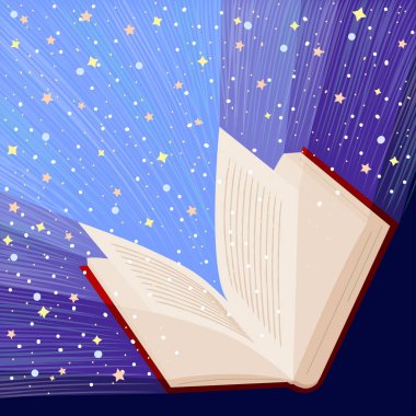 Açık kitap yıldızlar ile parlayan, vektör illüstrasyon
