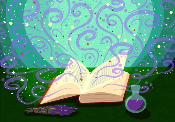 Ανοιχτό Μαγικό Βιβλίο Στο Τραπέζι Λάμπει Απεικόνιση Διάνυσμα — Διανυσματικό Αρχείο