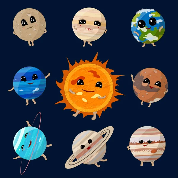 Desenhos Animados Sol Com Planetas Sistema Solar Sobre Fundo Escuro — Vetor de Stock