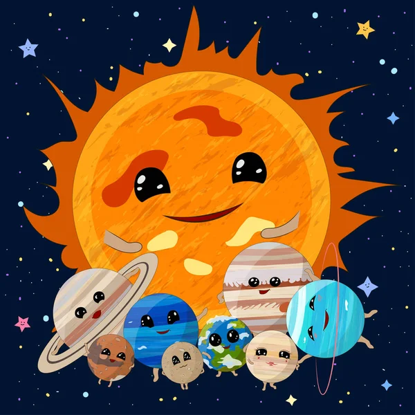 Cartoon Sonne Mit Planeten Des Sonnensystems Auf Weltraum Hintergrund Vektorillustration lizenzfreie Stockillustrationen