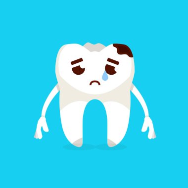 Üzgün çizgi film diş karakteri mavi zemin üzerine