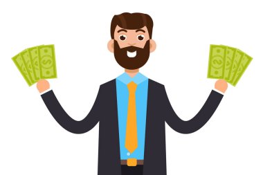 Doları nakit banknot beyaz arka plan üzerinde olan adam