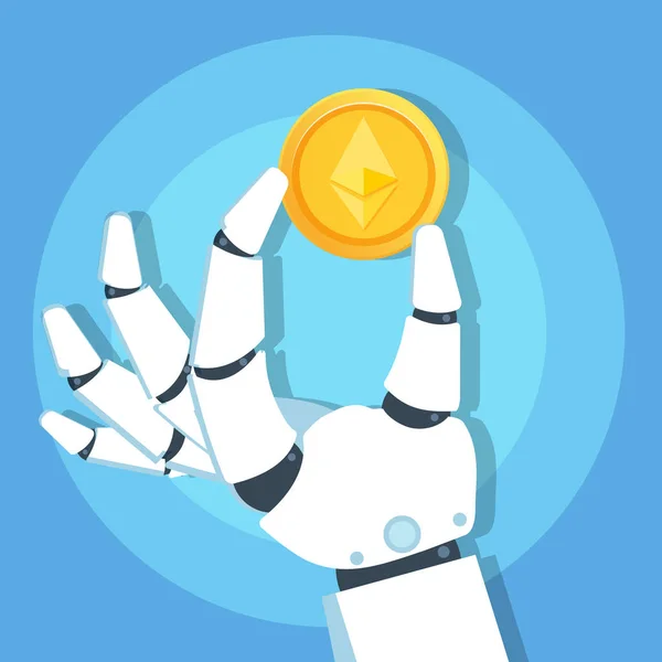 Robot Hand Holding Ethereum Cryptocurrency Gold Coin — Stock Vector