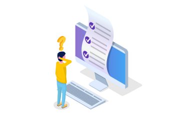 Online test, E-öğrenme, eğitim izometrik kavramı. Vektör çizim.