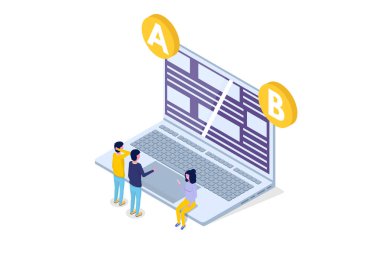 Bir AB karşılaştırma. İzometrik Konsept Testleri bölünmüş. Vektör çizim.