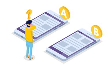 Bir AB karşılaştırma. İzometrik Konsept Testleri bölünmüş. Vektör çizim.