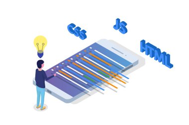 Yazılım geliştirme izometrik, programcı iş başında. Büyük veri işleme. Vektör çizim.