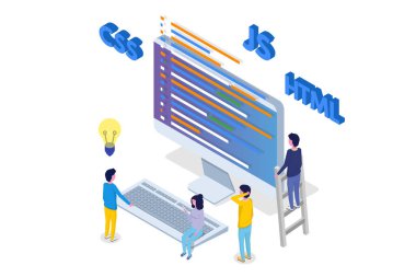 Yazılım geliştirme izometrik, programcı iş başında. Büyük veri işleme. Vektör çizim.