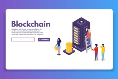 Bitcoin çiftlik ultraviyole izometrik kavramı madencilik. Vektör çizim.