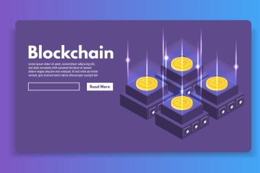 Bitcoin çiftlik ultraviyole izometrik kavramı madencilik. Vektör çizim.