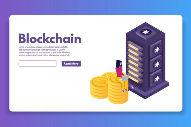 Bitcoin çiftlik ultraviyole izometrik kavramı madencilik. Vektör çizim.