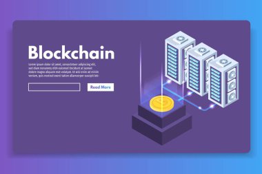 Bitcoin çiftlik ultraviyole izometrik kavramı madencilik. Vektör çizim.