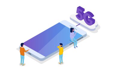 5g bağlantı izometrik kavramı. Telekomünikasyon teknolojisi. Vektör çizim.