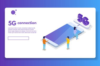 5g bağlantı izometrik kavramı. Telekomünikasyon teknolojisi. Vektör çizim.