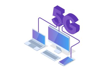 5g bağlantı izometrik kavramı. Telekomünikasyon teknolojisi. Vektör çizim.