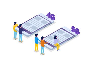 5g bağlantı izometrik kavramı. Telekomünikasyon teknolojisi. Vektör çizim.