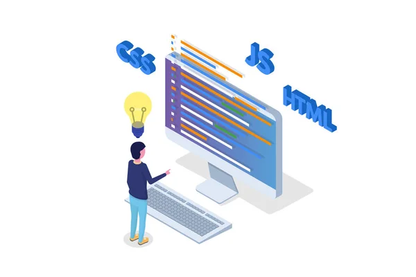 Desenvolvimento Software Isométrico Programador Trabalho Grande Processamento Dados Ilustração Vetorial — Vetor de Stock