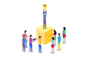 Takım çalışması, başarı, zafer takım kavramı izometrik. Vektör çizim.
