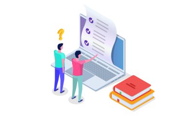 Online test, E-öğrenme, eğitim izometrik kavramı. Vektör çizim.