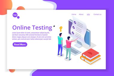 Online test, E-öğrenme, eğitim izometrik kavramı. Vektör çizim.