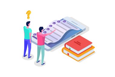 Online test, E-öğrenme, eğitim izometrik kavramı. Vektör çizim.