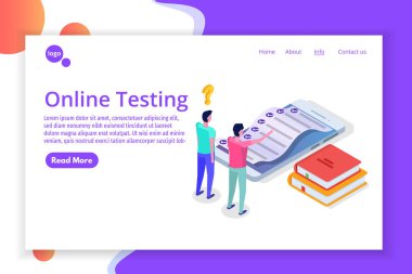 Online test, E-öğrenme, eğitim izometrik kavramı. Vektör çizim.