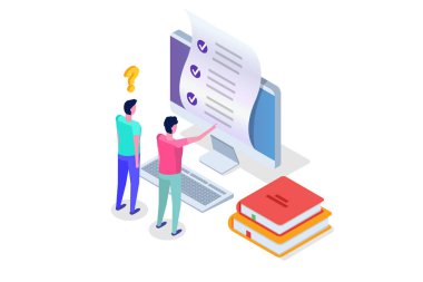 Online test, E-öğrenme, eğitim izometrik kavramı. Vektör çizim.