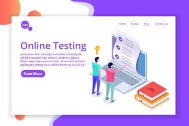 Online test, E-öğrenme, eğitim izometrik kavramı. Vektör çizim.