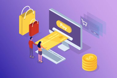 Online Bankacılık ve Shoping, mobil ödeme, Transfer para izometrik kavramı. Vektör çizim.