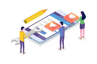 Mobil uygulama geliştirme izometrik kavramı. Açılış sayfası şablonu. Vektör çizim.