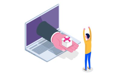 El vermek Giftbox, mevcut kırmızı kurdele ile. Vektör izometrik çizim.