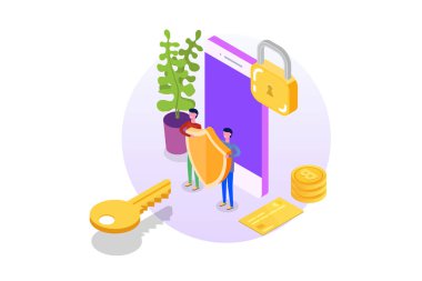 Gdpr, veri koruma izometrik kavramı, ağ veri, Internet security, güvenli banka hareketi. Karakter vektör çizim.