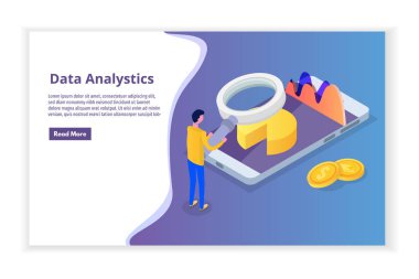 Veri analizi, arama motoru optimizasyonu, site konumu izometrik kavramı. Vektör çizim.