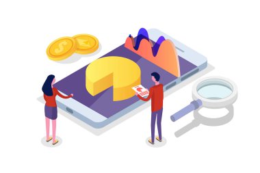 Veri analizi, arama motoru optimizasyonu, site konumu izometrik kavramı. Vektör çizim.