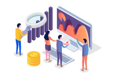 Veri analizi, arama motoru optimizasyonu, site konumu izometrik kavramı. Vektör çizim.