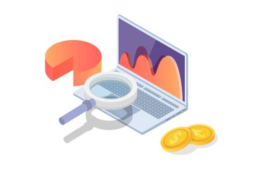 Veri analizi, arama motoru optimizasyonu, site konumu izometrik kavramı. Vektör çizim.