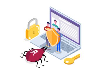 Bilgisayar virüsü, veri koruma izometrik kavramı, ağ veri, Internet security, güvenli banka hareketi. Vektör çizim.