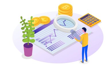 Cryptocurrency madencilik, exchange, izometrik blockchain. Vektör çizim.