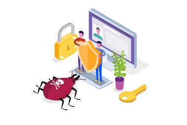 Bilgisayar virüsü, veri koruma izometrik kavramı, ağ veri, Internet security, güvenli banka hareketi. Vektör çizim.