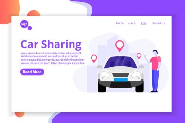 Paylaşımı, taşıma hizmeti kavramı kiralama araba. Web sayfası şablonu vektör çizim açılış,.