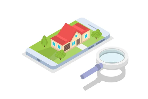 Inmobiliaria Casa Mapa Búsqueda Concepto Isométrico Ilustración Vectorial — Vector de stock