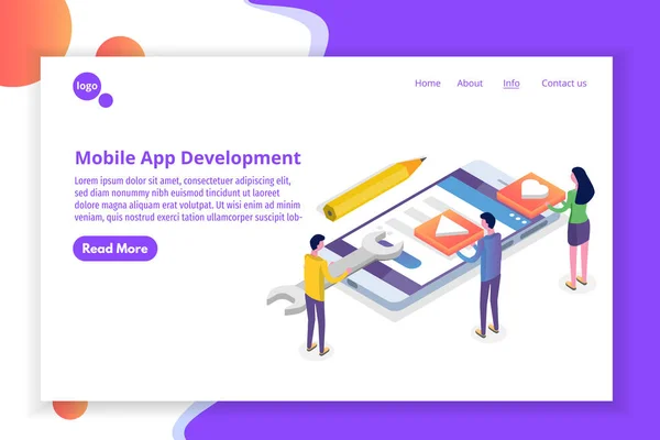 Mobile App Development Conceito Isométrico Modelo Landing Page Ilustração Vetorial — Vetor de Stock